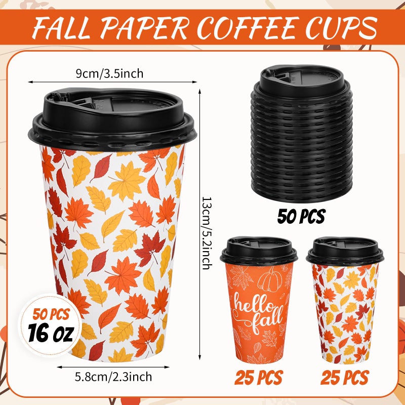 Whaline 50 Pcs Hello Fall Coffee Paper Cups Autumn Leaves Pumpkin 16oz Disposable Cups with Lids for Hot Cold Drinks Thanksgiving Holiday Party Supplies - Image 2